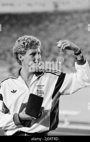 1984 Olympic Games in Los Angeles, USA. Mens Athletics.  Great Britain's Steve Cram holds his silver medal after finishing second in the Men's 1500 Metres final.  11th August 1984. Stock Photo