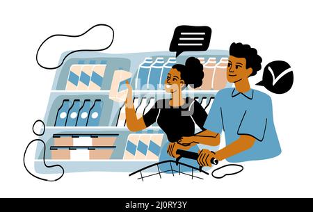 Married couple chooses diary products Stock Vector