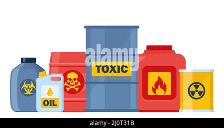 Set of containers with toxic and chemical substances. Dangerous Toxic, Biohazard, Radioactive, Flammable substances. Vector illustration Stock Vector