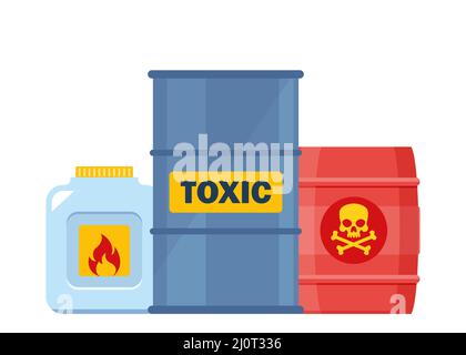 Set of containers with toxic and chemical substances. Dangerous Toxic, Biohazard, Radioactive, Flammable substances. Vector illustration Stock Vector