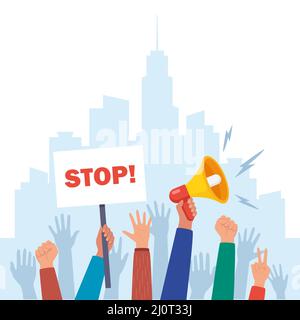 Protesters hands holding protest signs, crowd of angry people Stock Vector
