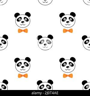 Seamless Cute panda face wearing bow tie, pet animal in cartoon style. Funny baby kids print. Vector illustration isolated on white background Stock Vector