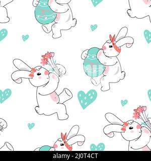 Easter rabbits with hearts and eggs in Easter seamless pattern. Decorative spring repeatable background for easter holiday prints, vector doodle illus Stock Vector