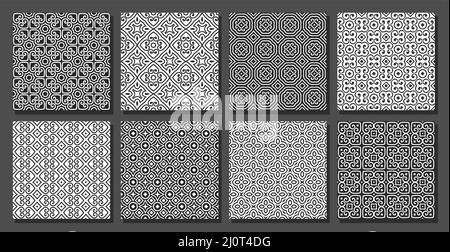 Vector Arabic Seamless Patterns Set, 8 square repeating black and white backgrounds for wrapping paper, vintage arabic ornaments for muslim religion, Stock Vector