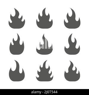 Fire flames silhouettes set. Bonfire black elements collection. Stock Vector