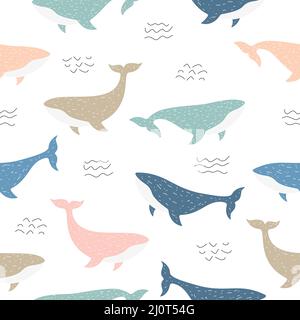 Childish seamless whales pattern. Cute kids pattern with ocean animals in Scandinavian style. Stock Vector