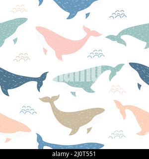 Childish seamless whales pattern. Cute kids pattern with ocean animals in Scandinavian style. Stock Vector