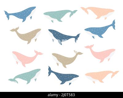 Whales color animals collection. Sperm whales in different poses set. Stock Vector