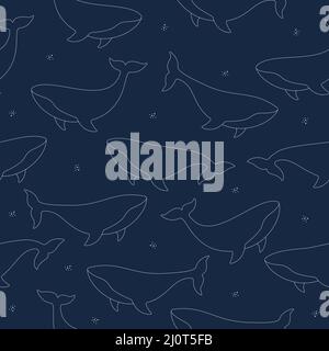 Whales line seamless pattern. Cute kids dark blue pattern with ocean animals Stock Vector