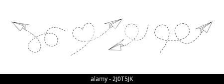 Paper airplanes with line dotted route set. Sending message linear fold planes collection. Vector isolated on white. Stock Vector
