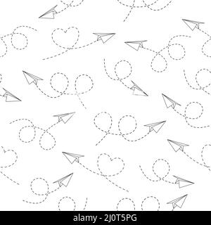 Seamless pattern with paper line airplanes. Sending message black linear fold planes with dotted routes. Stock Vector