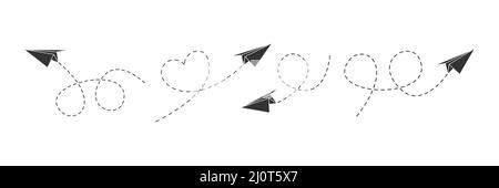 Paper airplanes with line dotted route set. Sending message linear fold planes collection. Vector isolated on white. Stock Vector