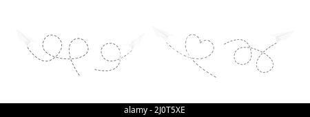Paper airplanes with line dotted route set. Sending message linear fold planes collection. Vector isolated on white. Stock Vector