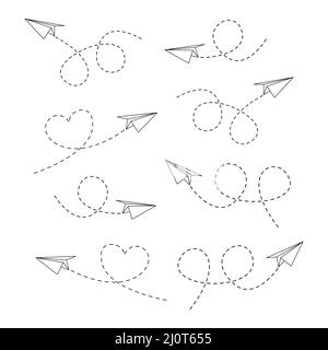 Paper airplanes with line dotted route set. Sending message linear fold planes collection. Vector isolated on white. Stock Vector