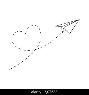 Paper airplane with line dotted route in heart shape. Sending message linear fold plane. Vector isolated on white. Stock Vector