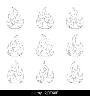 Fire flames line set. Bonfire black linear elements collection. Vector isolated on white background. Stock Vector