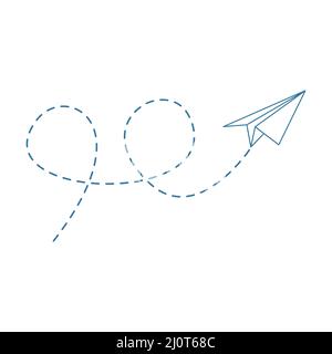 Paper airplane with line dotted route. Sending message linear fold plane. Vector isolated on white. Stock Vector