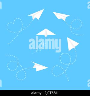 Paper white airplanes with line dotted route set. Sending message linear fold planes collection. Stock Vector