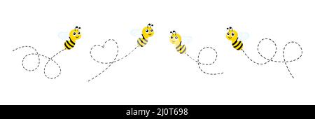 Cute bees characters set. Bee flying on a dotted route isolated on the white background. Stock Vector