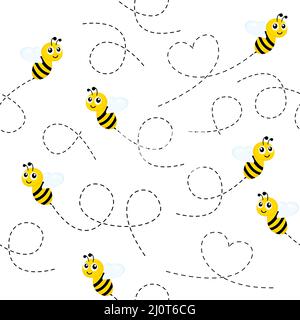 Flying happy bees seamless pattern. Black and yellow bees isolated on white background. Stock Vector