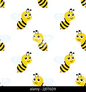 Flying happy bees seamless pattern. Black and yellow bees isolated on white background. Stock Vector