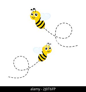 Flying cute bee with dotted route. Vector illustration isolated on white. Stock Vector