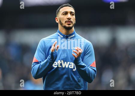 London, England, 20th March 2022. Said Benrahma of West Ham United claps the fans before the Premier League match at the Tottenham Hotspur Stadium, London. Picture credit should read: Kieran Cleeves / Sportimage Credit: Sportimage/Alamy Live News Stock Photo