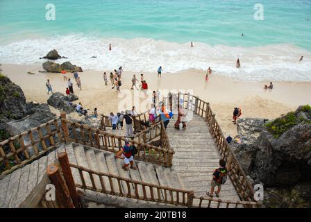 Stairs decend to the beach from the ancient ruins of Tulum In southern Mexico in the state of Chiapas Stock Photo
