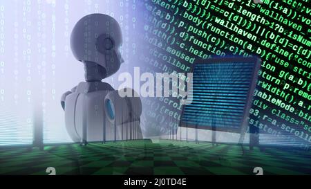 3D illustration for a robot computing data with programming code on screen, data transformation, cloud computing concept Stock Photo