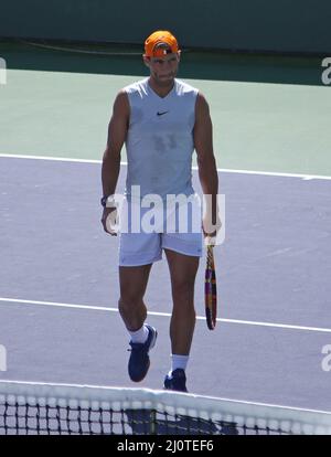 Indian Wells, United States. 20th Mar, 2022. Rafael Nadal of Spain pauses while warming up before his men's final match against American Taylor Fritz at the BNP Paribas Open in Indian Wells, California on Sunday, March 20, 2022. Photo by David Silpa/UPI Credit: UPI/Alamy Live News Stock Photo