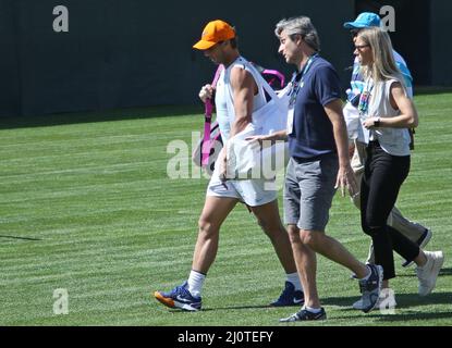 Indian Wells, United States. 20th Mar, 2022. Rafael Nadal (L) of Spain and his entourage arrive to warm up before Nadal's men's final match against American Taylor Fritz at the BNP Paribas Open in Indian Wells, California on Sunday, March 20, 2022. Photo by David Silpa/UPI Credit: UPI/Alamy Live News Stock Photo