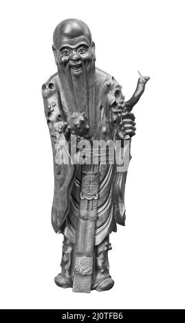 Wood statue of japan lucky god, God of prolonging life longevity Fukurokuju isolated on white background Stock Photo