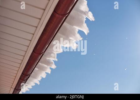 Water droplets falling from the roof against bright blue sky. Snow melting in early spring season. Stock Photo