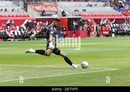 HARRISON, NJ - APRIL 09: New York Red Bulls goalkeeper Carlos Miguel  Coronel (1) makes a save with CF MontrÃ©al forward Sunusi Ibrahim (14)  behind him during the first half of the