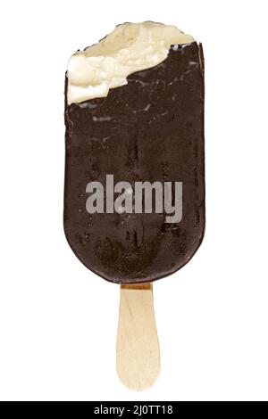 Bitten ice cream covered with dark chocolate Stock Photo