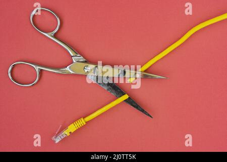 Scissors cutting the yellow network cable Stock Photo