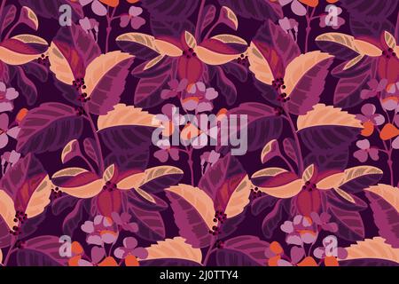 Vector floral seamless pattern. Purple flowers and leaves isolated on a burgundy background. Stock Vector