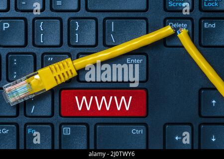 Internet or online concept with www on computer keyboard and  cut internet cable Stock Photo