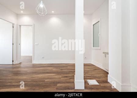 empty living room of a newly renovated apartment with open spaces, a matching column and the dining room with chestnut hardwood floors, white aluminum Stock Photo