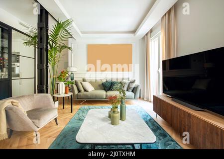 Living room with white and blue carpet on oak floor and decorated with, sofas and TV on sideboard, large palm plant, two-seater sofa with cushions and Stock Photo