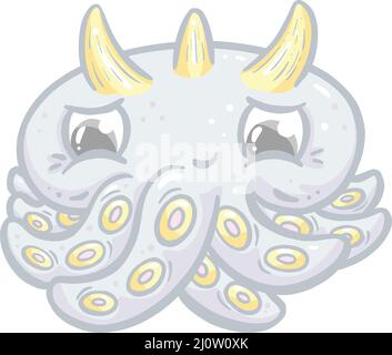 Octopus Cute  Kawaii Cartoon Creature With Horns and Tentacles Stock Vector