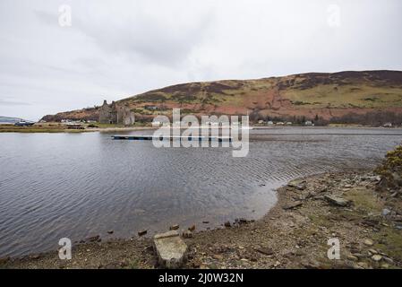 Lochranza Castle on the north coast of Arran Scotland. Lochranza Castle is an L-plan fortified tower house situated on a promontory in Lochranza. Stock Photo