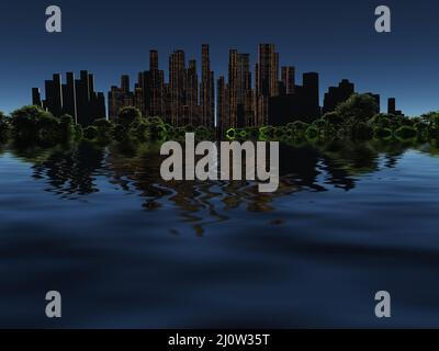 Surrealism. City of future in green forest surrounded by water. 3D rendering Stock Photo