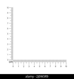 10 cm corner ruler. Measuring tool template with vertical and horizontal lines with centimeters and millimeters markup and numbers. Vector graphic illustration isolated on white background Stock Vector