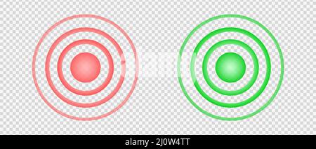 Concentric red and green signs. Pain and healing points. Hurt and painkilling symbols. Round localization icons. Radar, sound or sonar wave isolated on transparent background. Vector illustration Stock Vector
