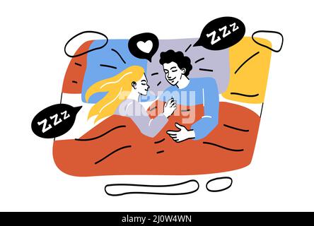 People lying under blankets. Young guy and girl hugging, lovers, happy family and couple. Care and comfort. Stylish design for greeting and invitation Stock Vector