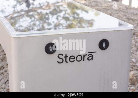 Moscenicka Draga, Croatia, august, 12, 2021 - Steora solar smart bench near the beach. Smart bench p Stock Photo