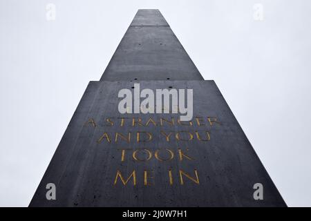 Artwork obelisk with a quote from the Gospel of Matthew, artist Olu Oguibe, Kassel, Germany, Europe Stock Photo