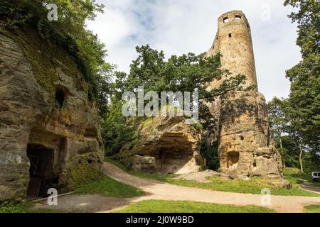 Hrad Valecov rock castle ruin near Mnichovo Hradiste town, Cesky Raj, Bohemian paradise, Czech Republic Stock Photo