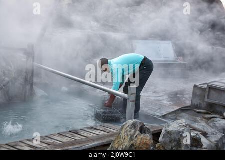 Preparing of black eggs in the hot springs of the volcanic valley, Owakudani. Hakone. Honshu. Japan Stock Photo